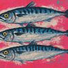 Drie makrelen op roze (AI) (vissen, oude krant, kleurrijk, keuken, opvallend, schilderij, restaurant, gewaagd, vrolijk, blikvanger, gedurfd) van Natalie Bruns
