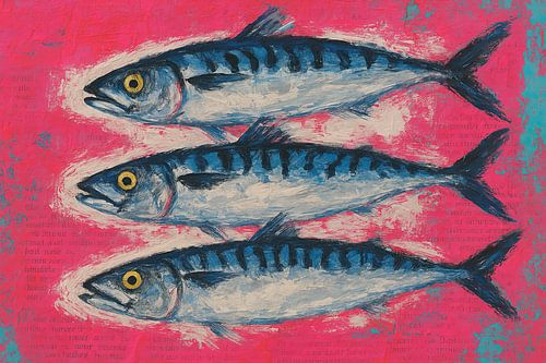 Drie makrelen op roze (AI) (vissen, oude krant, kleurrijk, keuken, opvallend, schilderij, restaurant, gewaagd, vrolijk, blikvanger, gedurfd)