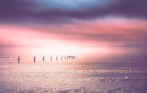 Strand van Cuxhaven aan de Duitse Noordzeekust.  Foto bij laag water met baken en golfbreker