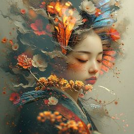 A portrait young Asian woman flowers and butterflies. by J.a Dijkstra