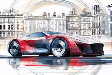 A future car on a city street with trees of a boulevard.  by Ariadna de Raadt-Goldberg