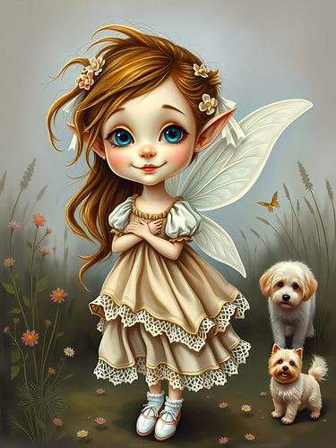 Schattige kleine fee met puppy's