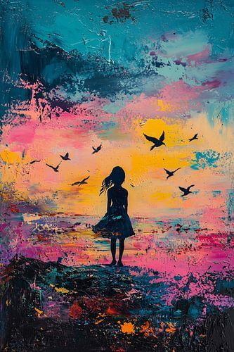 Meisje en vogels bij zonsondergang