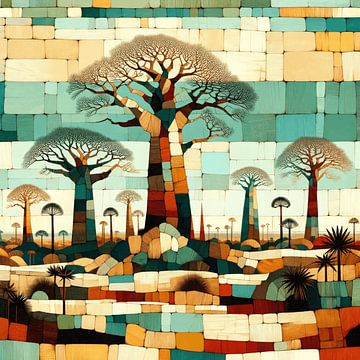 Collage/mixed media Afrikaans landschap met baobab bomen van Lois Diallo