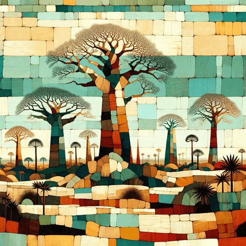 Collage/mixed media Afrikaans landschap met baobab bomen