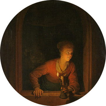 Meisje met olielamp voor een venster, Gerard Dou, 1645 - 1675