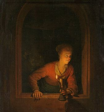 Girl with oil lamp in front of a window, Gerard Dou, 1645 - 1675