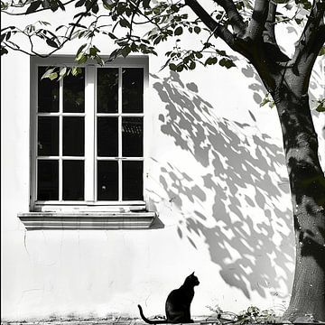 Zwarte Kat, Witte Raam - Een Minimalistisch Portret van Intrige van Karina Brouwer