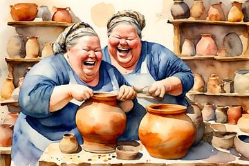 2 femmes sociables s'amusent avec la poterie sur De gezellige Dames