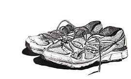 Hängezeichnung von gebrauchten Sportschuhen von Ivonne Wierink