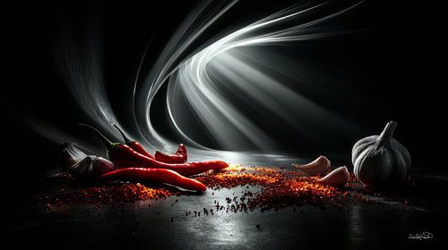 rode pepers - knoflook - limoen - citroen op een zwarte achtergrond met dramatisch licht