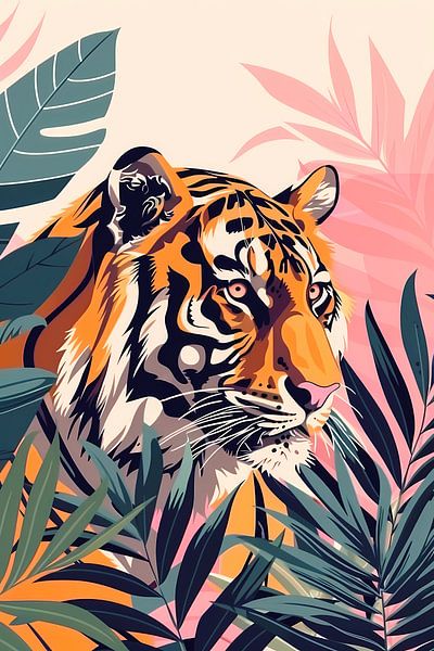 Colourful tiger among tropical leaves by Art & Soul Creations