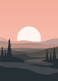 Minimalist mountain landscape illustration poster featuring a sunrise and layered hills in soft, earthy tones.