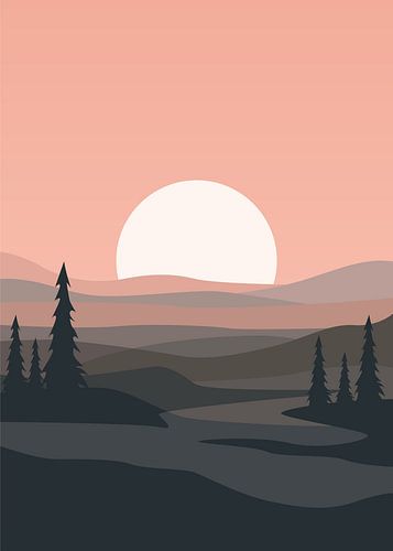 Minimalistische poster met een illustratie van een berglandschap, met een zonsopgang en gelaagde heuvels in zachte, aardse tinten.