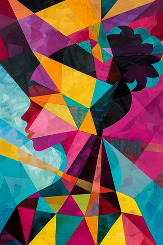 Abstract portret van een vrouw in kleurrijke geometrische vormen