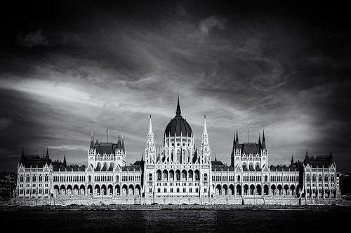 Budapest Parliament Front View on Danube in Black and White