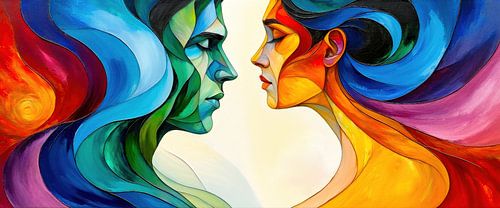 Abstracte gezichten van man en vrouw, gehuld in een kleurenspel van diepblauw, fel oranje en zacht geel