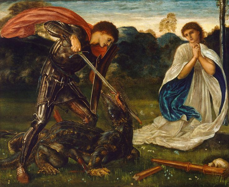 Edward Burne-Jones - The fight- St George kills the dragon by 1000 Schilderijen