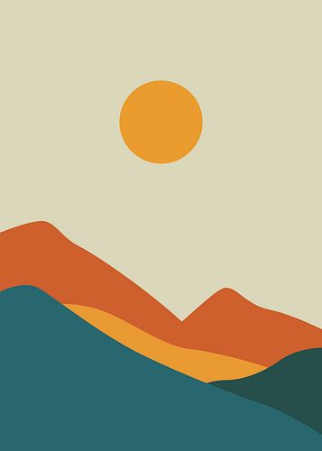 Paysage minimaliste composé de chaînes de montagnes abstraites et de dunes désertiques sous un soleil couchant aux teintes chaudes.