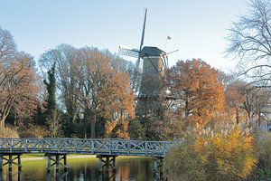 Cityscape Alkmaar with windmill, canal, trees, bridge.