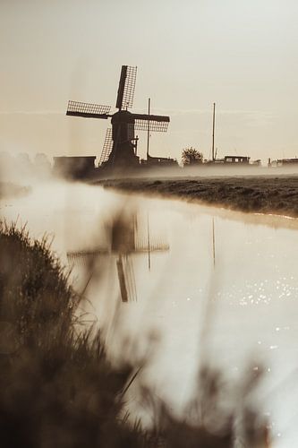 Spiegelung der Mühle im Graben im Morgennebel über der gefrorenen Polderlandschaft