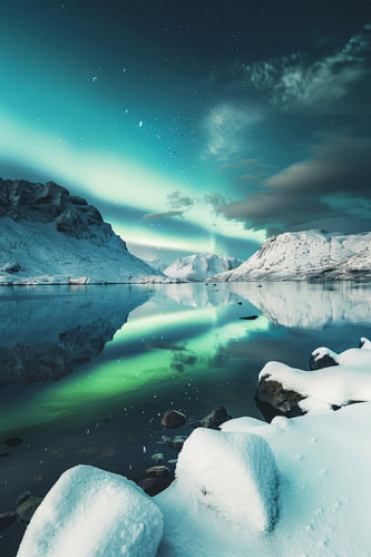 Northern lights over snowy mountains