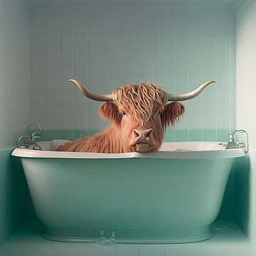 Scottish highlander in bathtub by Harvey Hicks