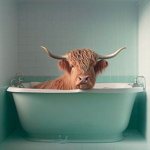 Schottischer Highlander in der Badewanne