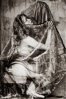 Bogdana looking from aside with fabric in b/w