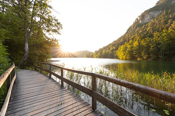 Lever de soleil sur la passerelle en été au lac Thumsee près de Bad Reichenhall.