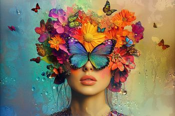 Portrait Frau mit Blumen und Schmetterlingen