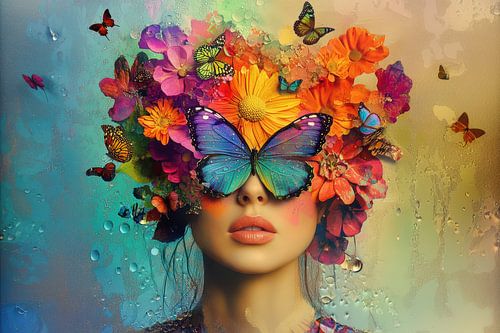 Portrait d'une femme avec des fleurs et des papillons