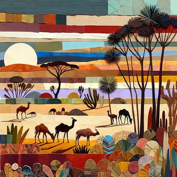 Collage d'un paysage africain avec des cerfs et des daims