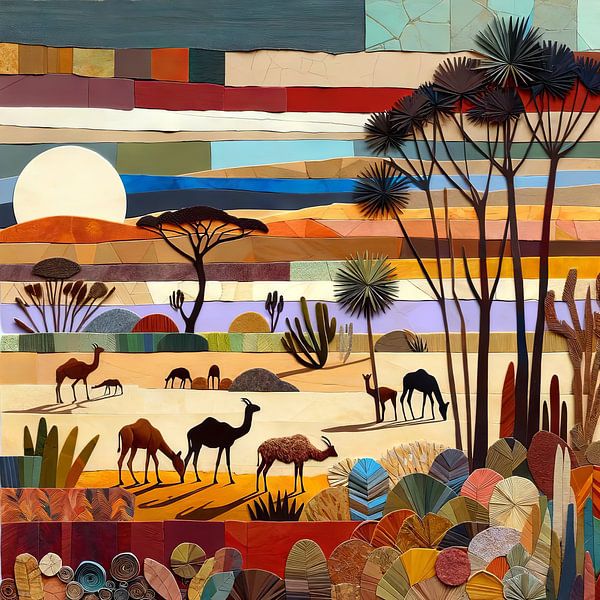 Collage of African landscape with deer and bucks by Lois Diallo