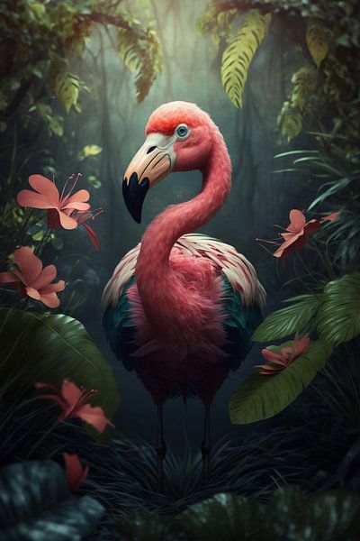 Portrait d'un flamant rose dans la jungle par Digitale Schilderijen