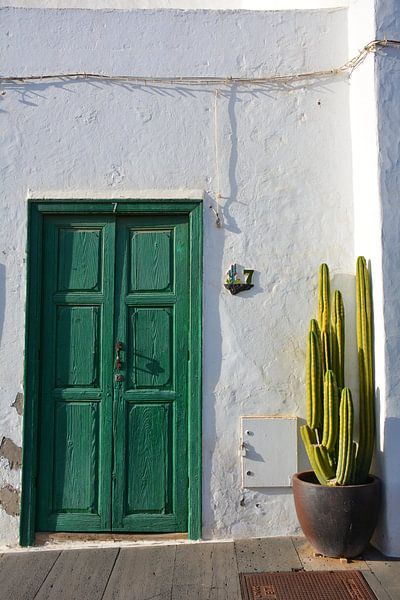 Maison blanche Teguise Lanzarote avec porte verte et catus en pot par My Footprints
