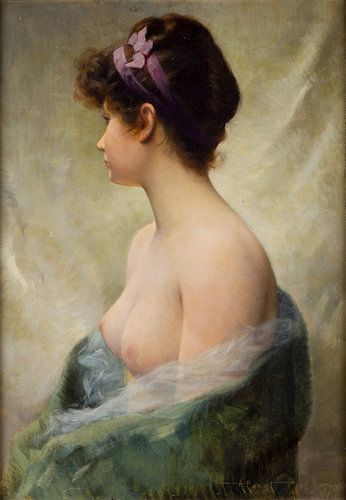 Naakt brunette-model met paars lint - Albert Joseph Penot