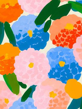 Kleurrijk bloemenpatroon met roze, blauwe en oranje bloesems in moderne stijl