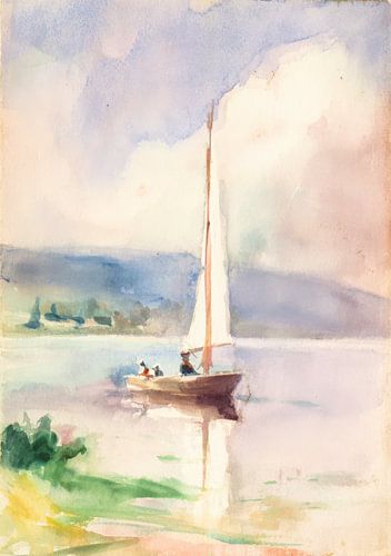 A watercolour painting depicts a sailboat on a calm body of water, viewed from a low angle. The sailboat is positioned slightly off-centre, facing right, with its mast and sail extending vertically. The sail is white and appears unfurled, catching the soft light. The hull of the boat is brown and has a slightly curved shape. Two figures are visible on the boat: one seated near the stern and another standing near the bow. The seated figure wears a dark top and light-coloured pants, while the standing figure wears a dark top and light-coloured pants.  The water is depicted in shades of blue and light green, with gentle ripples visible near the boat. The shoreline is suggested by a thin line of green vegetation along the left edge, transitioning into yellow and orange tones along the bottom right. The background includes soft, pastel-coloured hills that fade into the distance. The sky is painted in light blue and soft pink tones, with wispy clouds that blend into the sky. The overall style is loose and impressionistic, with visible brushstrokes and soft colour gradients.  The colour palette is dominated by soft blues, greens, whites, and pinks, with subtle hints of yellow and orange. The brushwork is loose and fluid, with visible strokes that contribute to the painting's soft and dreamy atmosphere. No text or human figures are present in the painting. The composition focuses on the sailboat and its interaction with the water and the natural landscape. by Niklas Maximilian