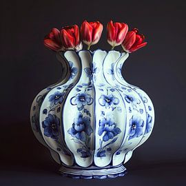 Nature morte de tulipes rouges en bleu de Delft