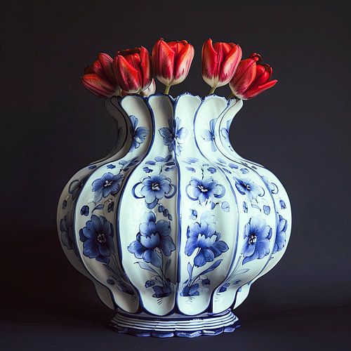Rode tulpen in Delfts blauw stilleven