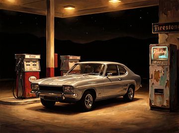 Vintage Ford Capri an einer Tankstelle bei Nacht