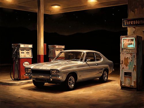 Vintage Ford Capri bij een tankstation 's nachts