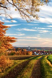 Village avec église dans le Baden-württemberg avec les Alpes en arrière-plan en automne sur Daniel Pahmeier
