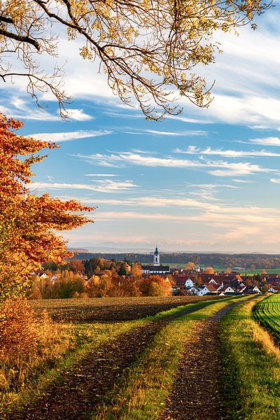 Dorf mit Kirche in Baden-württemberg mit den Alpen im Hintergrund im Herbst von Daniel Pahmeier