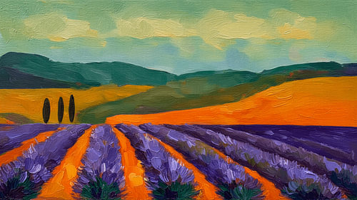 A minimalist and atmospheric landscape featuring lavender and cypress trees
