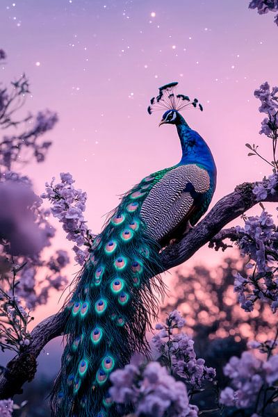Prachtvoller Pfau im Sonnenuntergang von Poster Art Shop