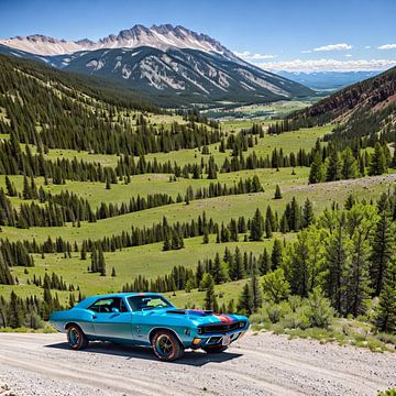 Typische Amerikaanse muscle car in de bergen van insideportugal