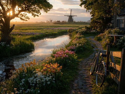 Paysage romantique hollandais avec tulipes et moulin à vent au coucher du soleil