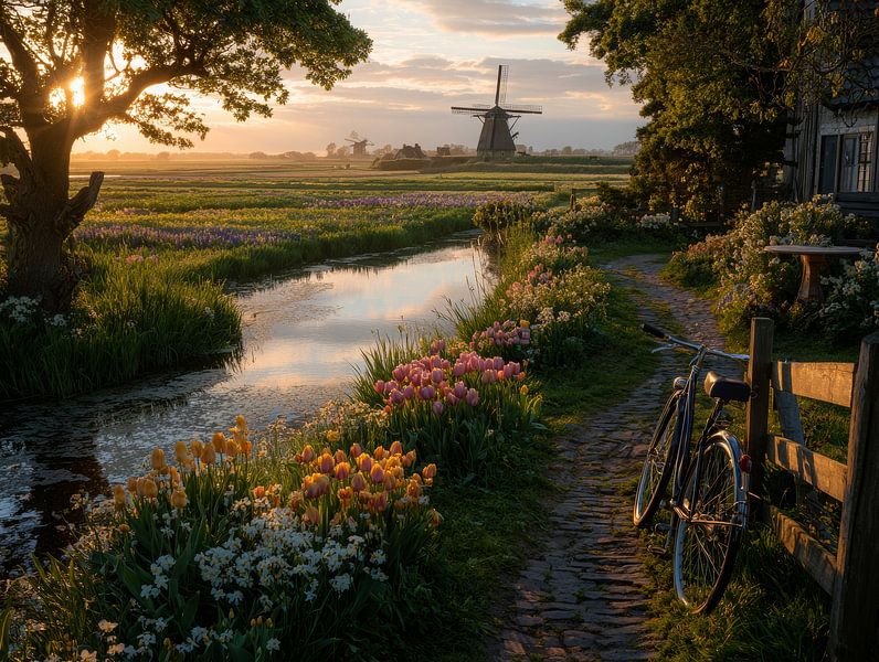 Romantic Dutch landscape with tulips and windmill at sunset by But First Framing
